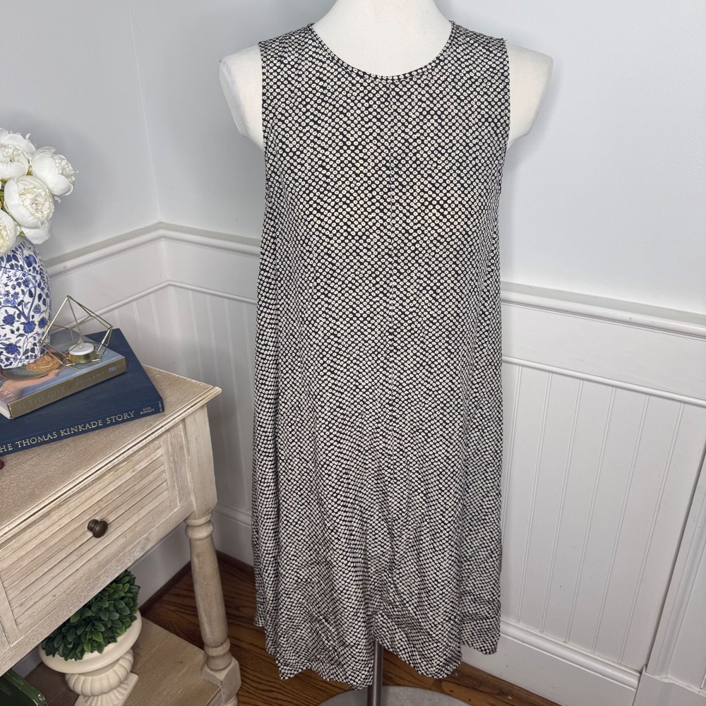 Eileen Fisher Black White Silk Dot Sleeveless Shift Dress XS